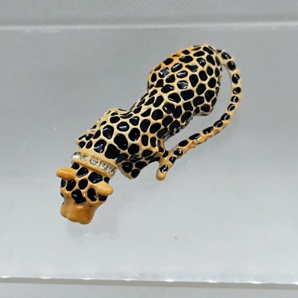 Vtg Leopard Cheetah Brooch Enamel Rhinestone Collar Green Sparkly Eyes Gold Tone - Picture 2 of 6